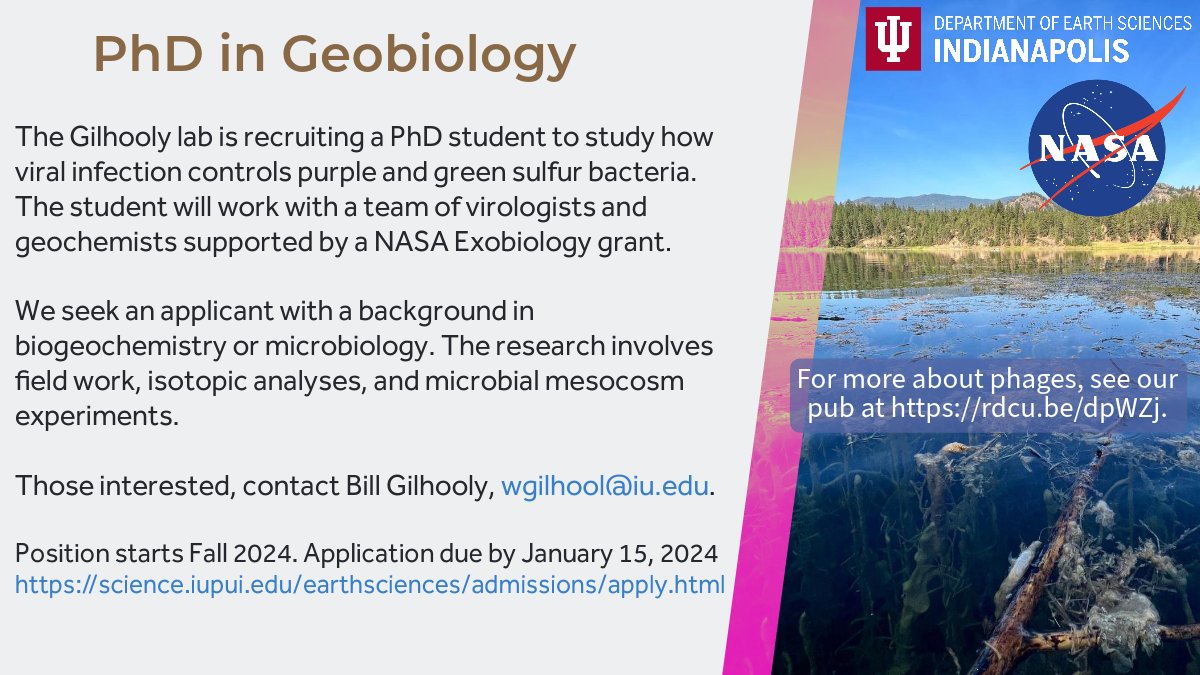 GilhoolyLab's tweet photo. We are recruiting a PhD student to study how phages affect phototrophic bacteria as part of a NASA Exobiology grant. Please contact me with any questions wgilhool@iu.edu. https://t.co/mu1IlljH0n
