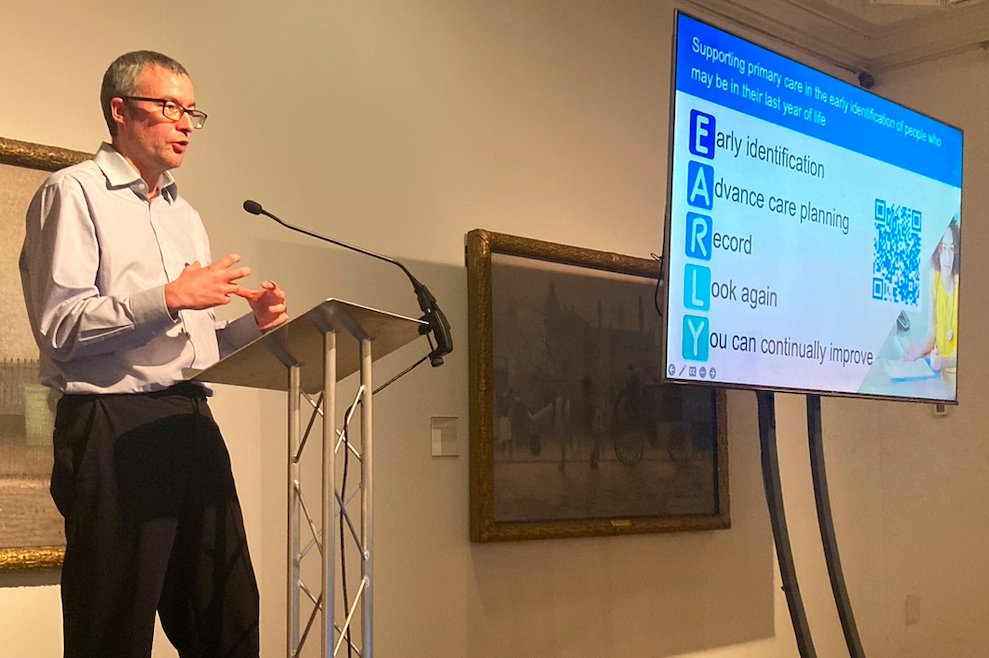 Liam is one of our clinical leads for the Palliative and End of Life Network. He leads an exercise in the room about #AdvanceCarePlanning and focuses on EARLY – a tool to help primary care identify people in the last year of life. Visit:  peolc.net #10YearsOfGMECSCN