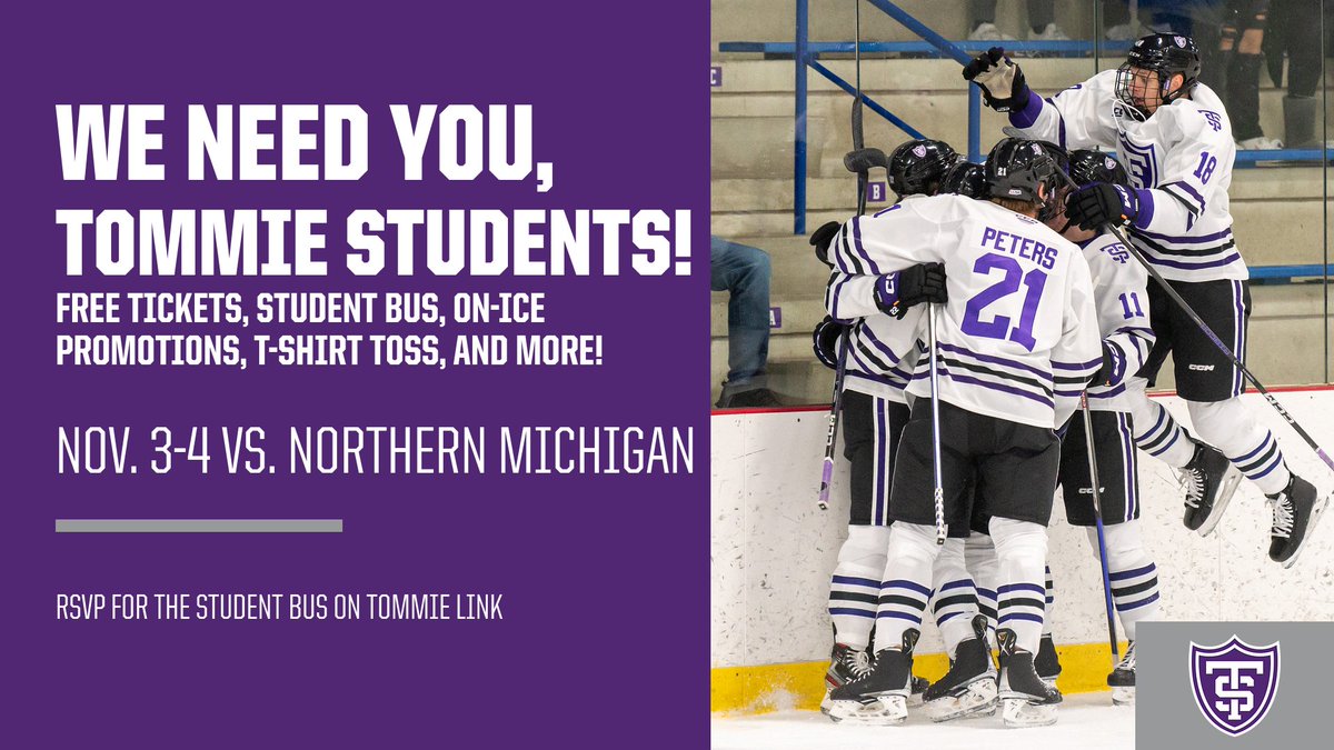 Tommie students, we need you this weekend! Get your FREE student ticket today and head out to the rink for your chance to compete in on-ice promotions, win prizes, and cheer on your Tommies! 🎟️ tinyurl.com/mr39zxzr 🚌 tinyurl.com/5h62naus #RollToms | #FidesInFratrem