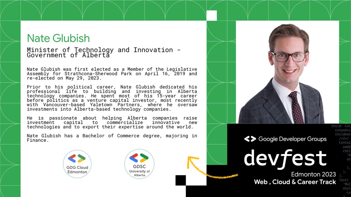 ✨Attend #Devfest's Web Dev, Cloud & Career Track to learn about how Minister @nateglubish at @YourAlberta is paving the way for Tech and Innovation in #ab

📅Nov 10
⏰4:00 pm
📍UofA: School of Business Bldng
✅bit.ly/45ukKoc

#ABTech #YEG #Innovation #YEGtech #jobs