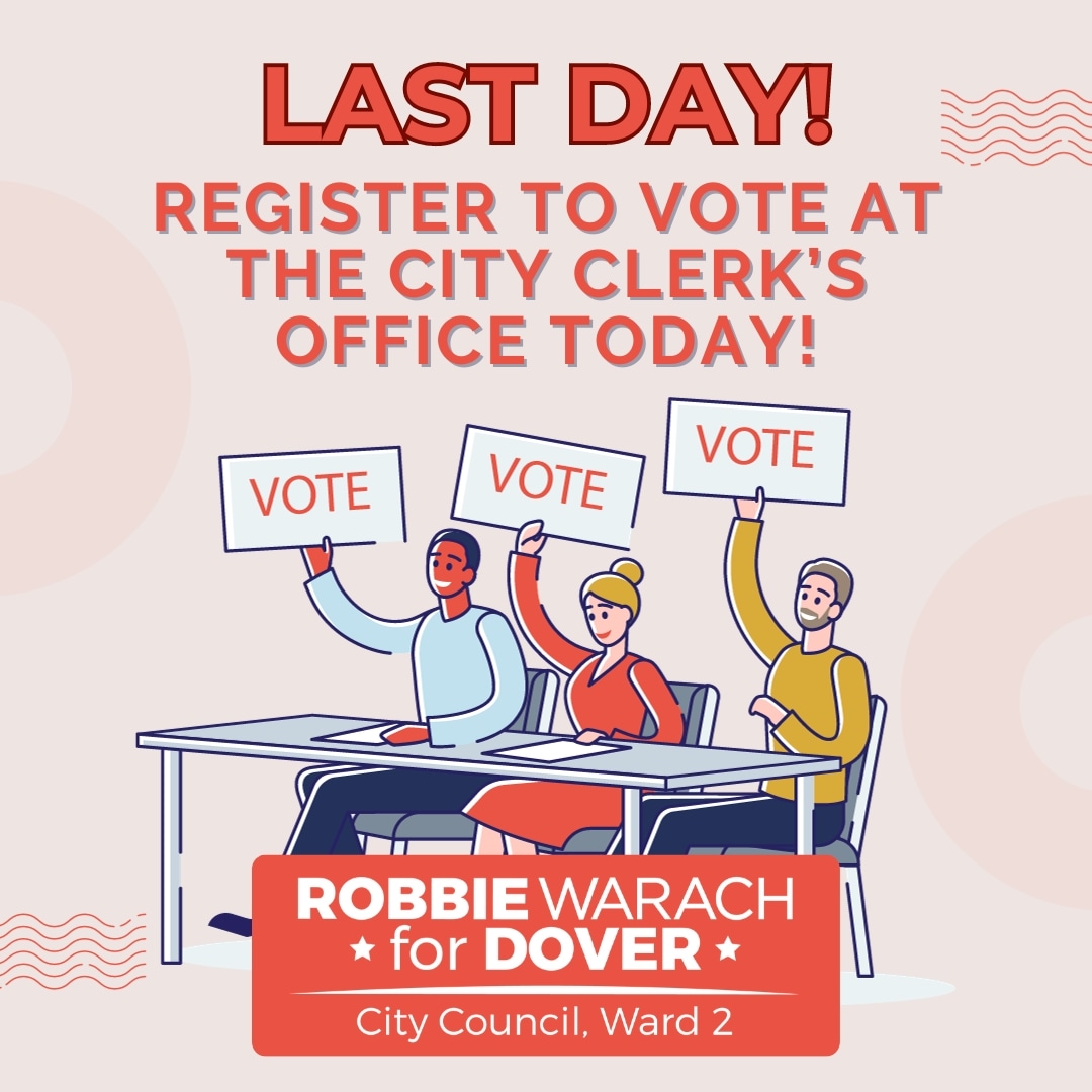 RobbieForDover's tweet image. Today, 11/2, is the last day to register for in-person voting before Election Day, so visit the City Clerk's office. Can't make it? No problem! Register to vote in-person at the polls on Election Day. Don't forget your ID and proof of address.

#NHPolitics #DoverNH