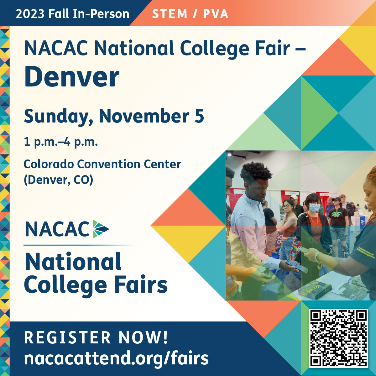NACAC's tweet photo. Interested in studying #STEM or the Performing and Visual Arts? #NACAC will offer special STEM and Performing and Visual Arts–focused areas in Denver on Sunday, Nov 5. Register now! https://t.co/oZhxoyxlTa #spreadtheword #collegefair #STEM https://t.co/FMKmHb89dC