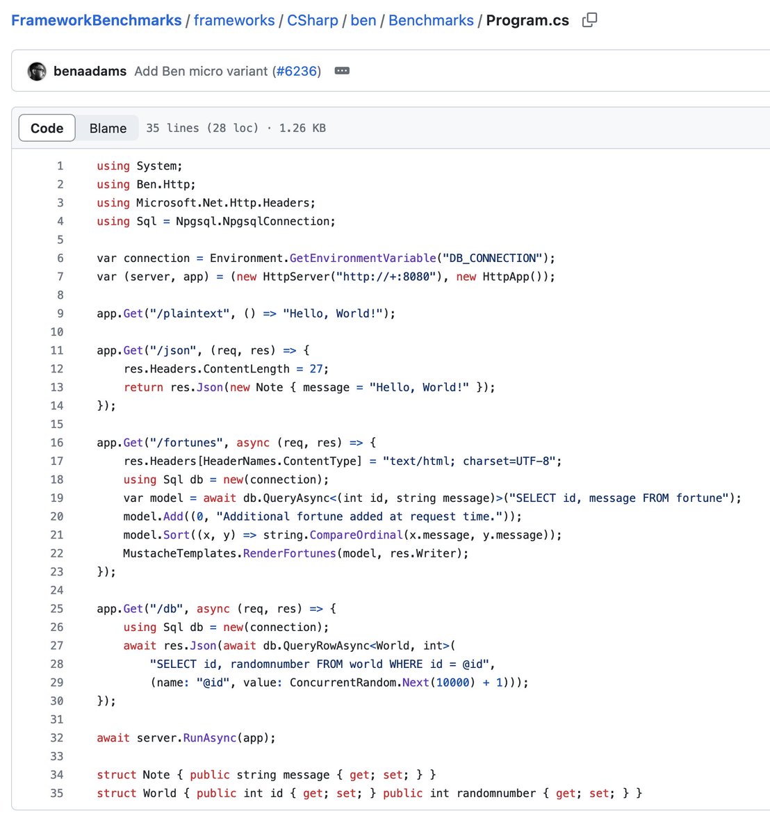 Ben.Http on TechEmpower 👇 

The often criticized asp.net platform code is only 3% faster, in fortunes, and I'm sure that gap can be closed.

<a href="/davidfowl/">David Fowler</a> any appetite for moving middleware towards this kind of perf? Or platform closer to this kind of code?