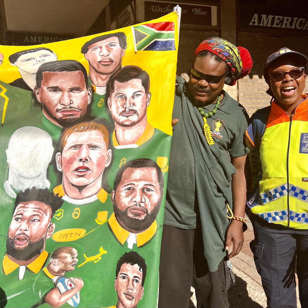 Very little happens in the news in South Africa without Rasta turning it into a painting. Today, surrounded by admirers at the Springbok victory parade in Joburg, he unveiled his latest Rastapiece. As you can see, it's unfinished, but then again, so is the Mona Lisa.