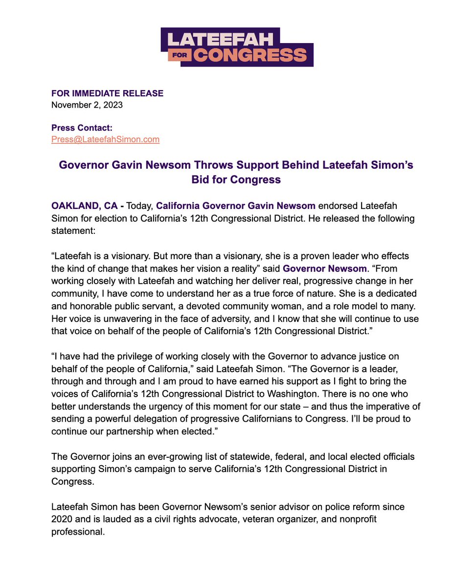 lateefahsimon's tweet image. I have had the privilege of working closely with the Governor to advance justice on behalf of the people of California — I am humbled by his endorsement and I’ll be proud to continue our partnership when elected.