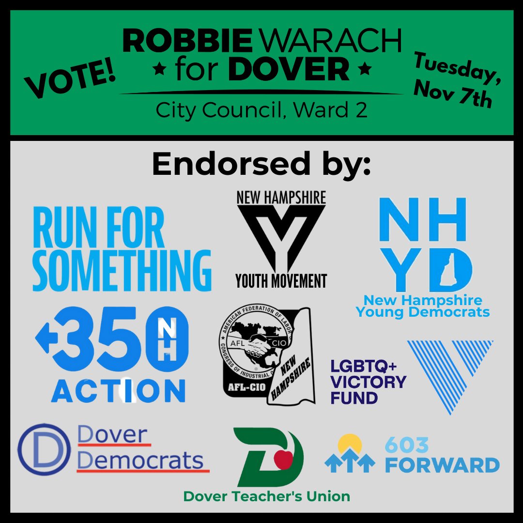 RobbieForDover's tweet image. Vote for @RobbieForDover for City Council, Ward 2. Pragmatic &amp;amp; Progressive. Endorsed by local, statewide, and national organizations at the forefront of fighting for progressive change at all levels of government. 

#NHPolitics #DoverNH