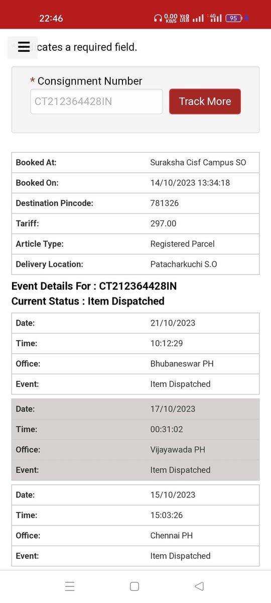 PintuPeter1's tweet photo. My Consignment has been booked on 14/10/2023 it's article tracking number CT212364428IN I haven't received it yet . It has no update after 21/10/2023
No update since 21 October????
#indiapost #postoffice #post https://t.co/RoAkuIYbB9