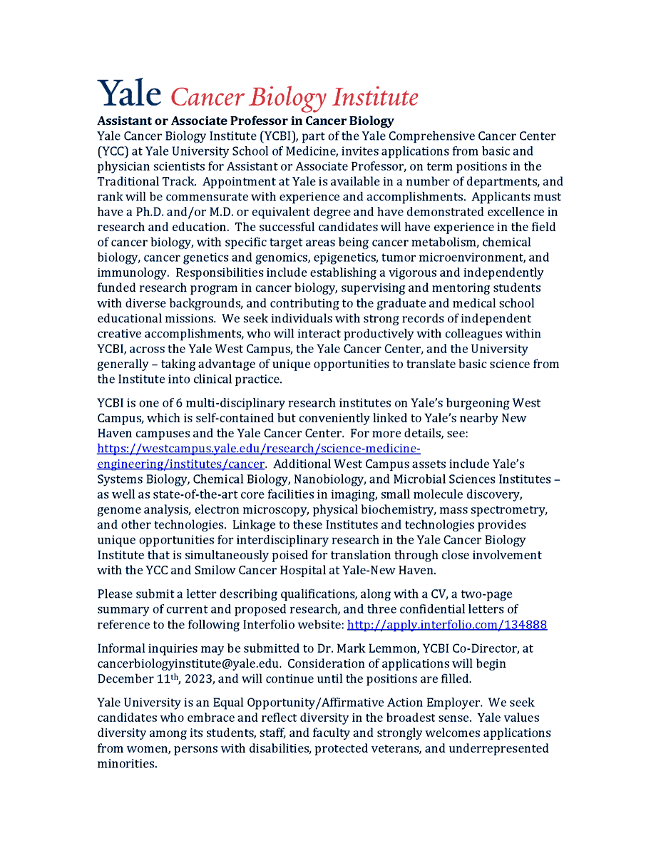 Yale Cancer Biology Institute is hiring! Assistant or Associate Professor positions in areas including cancer metabolism, chemical biology, cancer genetics/genomics, epigenetics, tumor microenvironment, and immunology. apply.interfolio.com/134888 Apply today!