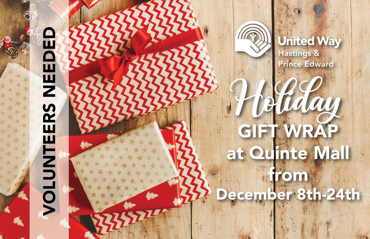 United Way HPE (@unitedwayhpe) on Twitter photo 👉VOLUNTEERS NEEDED - United Way HPE is seeking volunteers (16+ years old) to help with a Holiday Gift Wrap at Quinte Mall from December 8th-24th. Shifts range from 10 AM–1 PM, 1 PM-5 PM, and 5 PM-8 PM from Monday to Sunday. Contact Alyssa at acooke@unitedwayhpe.ca 👉VOLUNTEERS NEEDED - United Way HPE is seeking volunteers (16+ years old) to help with a Holiday Gift Wrap at Quinte Mall from December 8th-24th. Shifts range from 10 AM–1 PM, 1 PM-5 PM, and 5 PM-8 PM from Monday to Sunday. Contact Alyssa at acooke@unitedwayhpe.ca