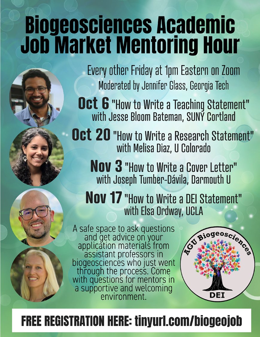 Tomorrow at 1pm ET come join me for the AGU Biogeosciences Academic Job Market Mentoring Hour Series

I'll be talking about faculty job cover letters

Zoom Registration 👇
tinyurl.com/biogeojob