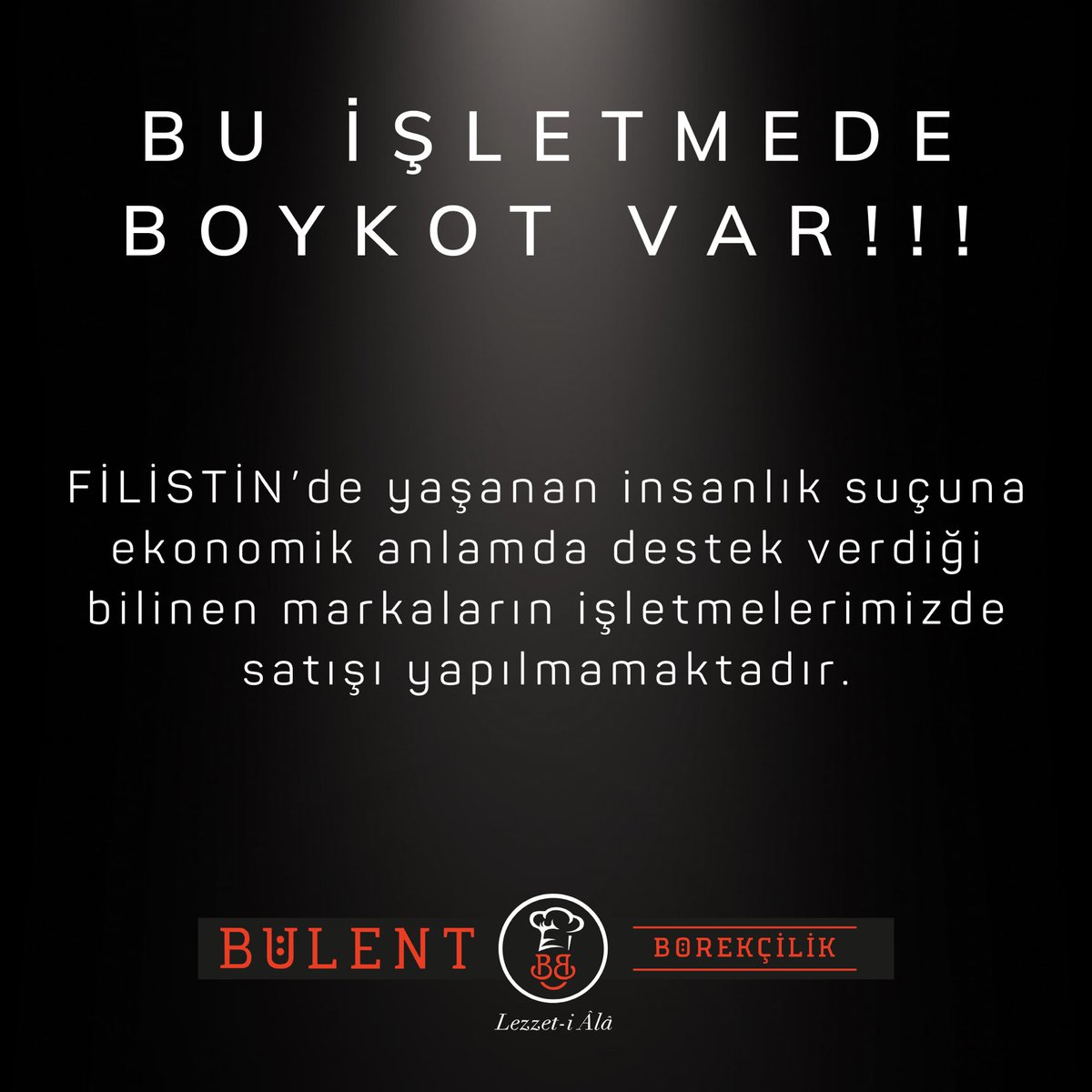 Bülent Börek İşgalci İsrail mallarını işletmelerinde satmama kararı aldı👏

Bize böyle yürekli ve vicdan sahibi işletmeler lazım 👏👏👏