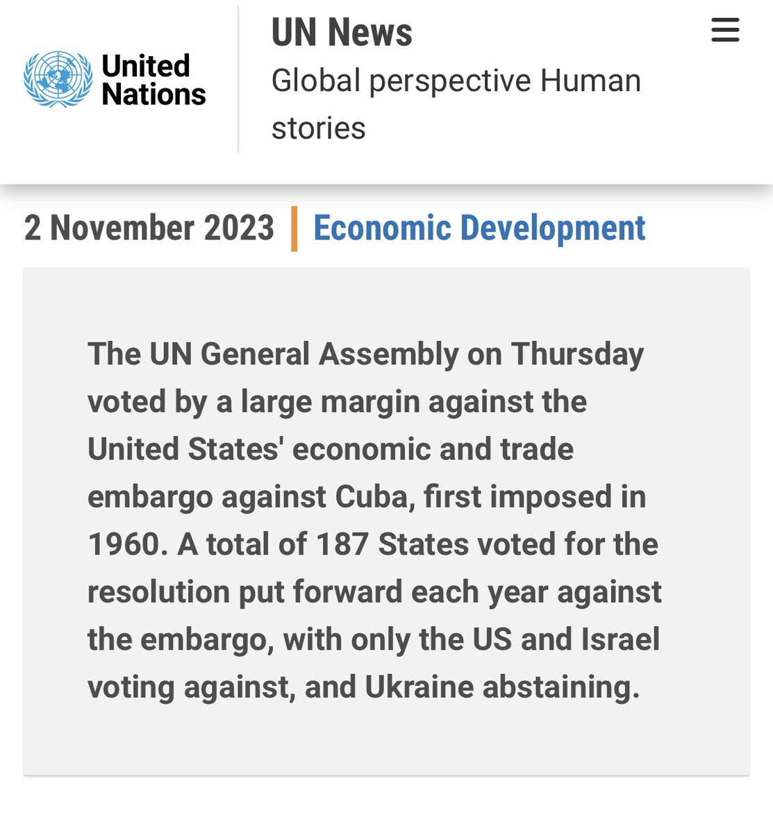 187:2-Abstimmungsklatsche bei 🇺🇳für #USA & #Israel: Heute stimmten 187 Staaten in #UNGA2023 für Aufhebung des über 60 Jahre währenden völkerrechtswidrigen US-Totalembargos gegen #Cuba, mit ungeheuren Kosten für 🇨🇺Bevölkerung. Dagegen stimmten nur 🇺🇸&🇮🇱. 1 Land enthielt sich: 🇺🇦
