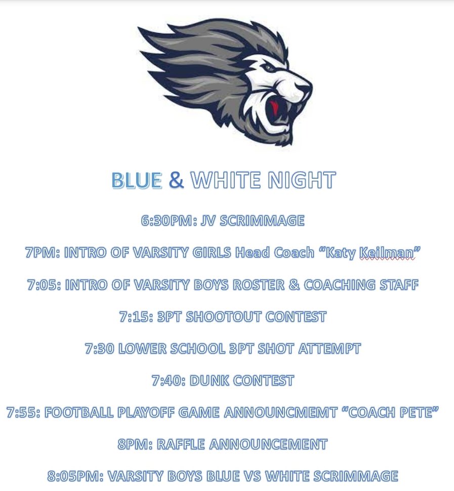 Fun night coming up as we kick off Basketball season with the Blue/White scrimmage for Varsity Boys Basketball!
