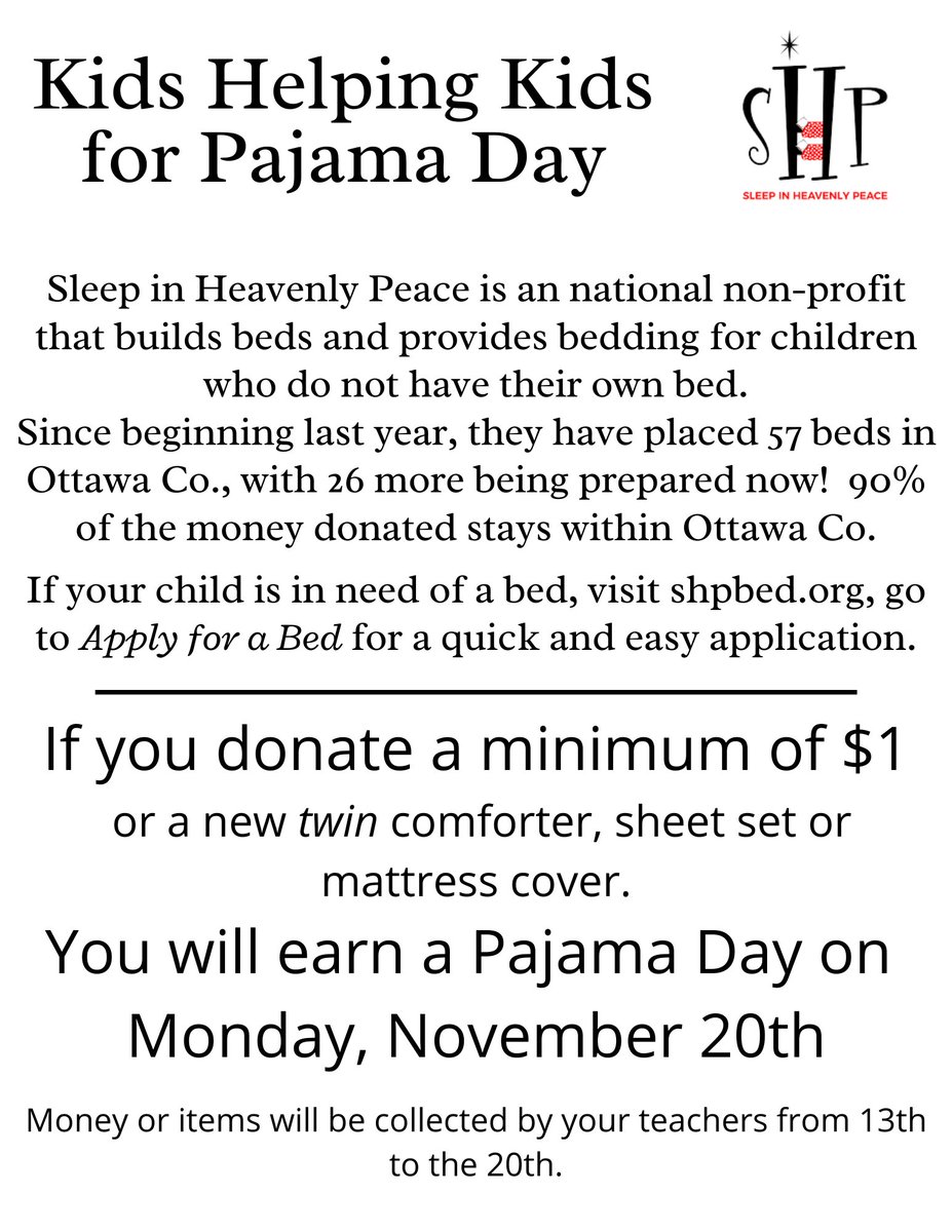 OHIS Student Council and OHHS SAFE are collecting donations for Sleep in Heavenly Peace. Nov. 13th to Nov. 20th, we are asking for donations of $1, or new bedding items. Donations earn you a PJ day on 11/20! All donations can be sent to the offices in our 3 buildings. Thanks!