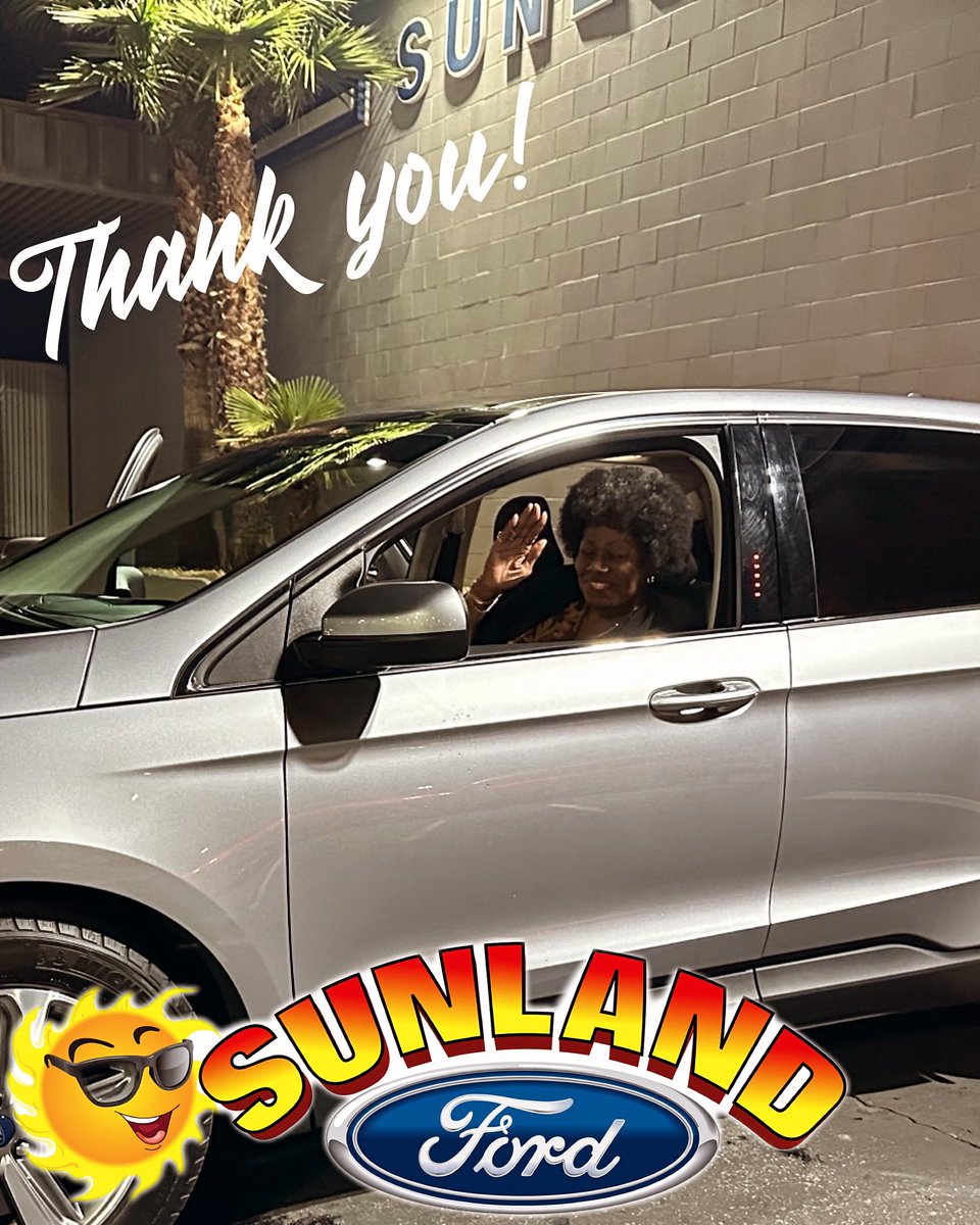 Sunlandford's tweet photo. Wave goodbye to Carolyn!! She’s pulling out in her pre-owned certified 2022 @ford Edge from @sharsharing here at @sunland_ford !! Thank you Carolyn for your business! We appreciate you!! 

#sunlandford #ford #certifiedpreowned #victorville #weloveourcustomers https://t.co/KWCcojoBhm