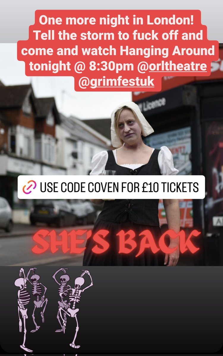 One more night in London, witches! At Old Red Lion tonight at 8:30pm. Use code COVEN for £10 tickets: oldredliontheatre.co.uk/hanging-around… @GrimFestUK @ORLTheatre @WerewolfBeer @winkworthclerkw