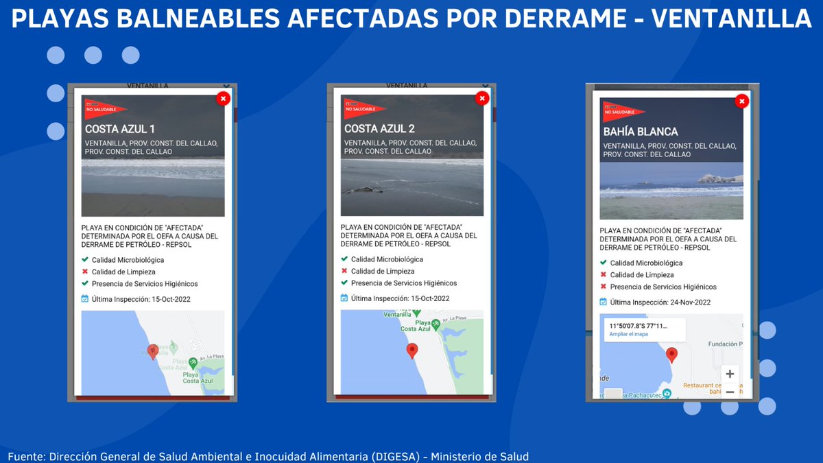 FrenteDefensaPE's tweet photo. 🚨DIGESA ALERTA NO HACER USO DE PLAYAS AFECTADAS POR DERRAME
25 playas de baño y recreación de Ventanilla a Chancay mantienen la condición de AFECTADAS. DIGESA invoca no hacer uso de ellas por representar riesgo a la salud.
@Minsa_Peru @MAucallama @muniventanilla @Munidistsanta https://t.co/TosD8SDrgO