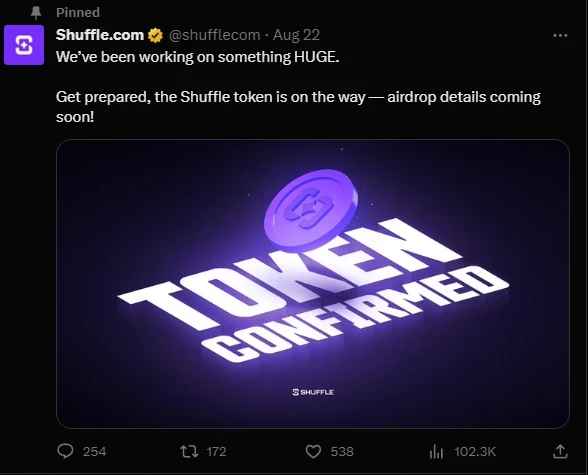cryptomiz_pro's tweet photo. 🔥🔴Shuffle Airdrop is confirmed🔴🔥

✅Hot CasinoFi narrative
✅Earn XP and crypto rewards through their affiliate program and VIP Rewards Club. "
✅Great challenges and campaigns. Roulette, Baccarat, etc avail.
✅Sign up here: https://t.co/gkq1Fmb5MC https://t.co/2oW0VvpFXt