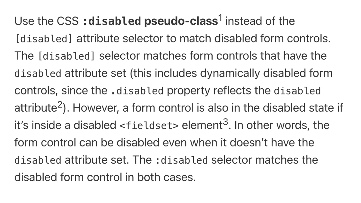 WebPlatformNews's tweet image. The difference between :disabled and [disabled] in CSS
