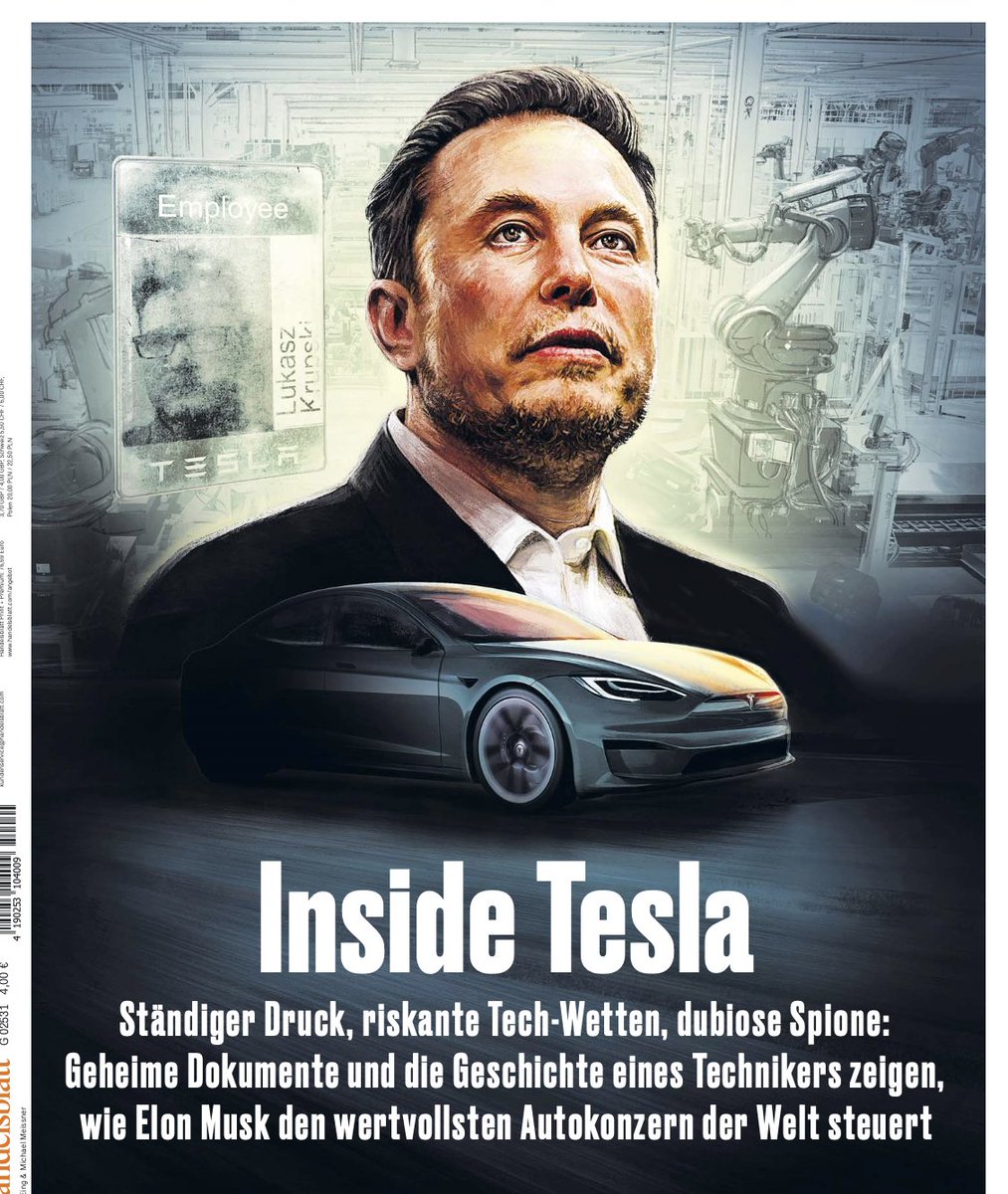 derhagemann's tweet photo. Eine neue @handelsblatt $TSLA Story!
This is going to be fun.

@CastorpDr 
@StanphylCap 
@passthebeano 
@fly4dat

"constant pressure, risky tech bets, dubious spies: secret documents and the story of a technician reveal how elon musk steers the world's most valuable car company" https://t.co/t1OPy6ufUJ