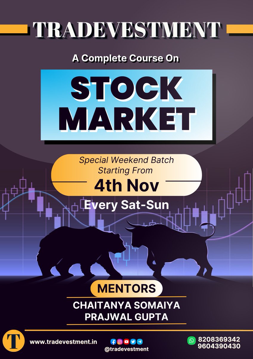 Tradevestment's tweet image. #Tradevestment
#StockMarket
#CompleteCourse
#WeekendBatch

Flexible time for Full-Timers
Starting from 4th Nov.
(Every Sat-Sun).

only 2 seats are left.