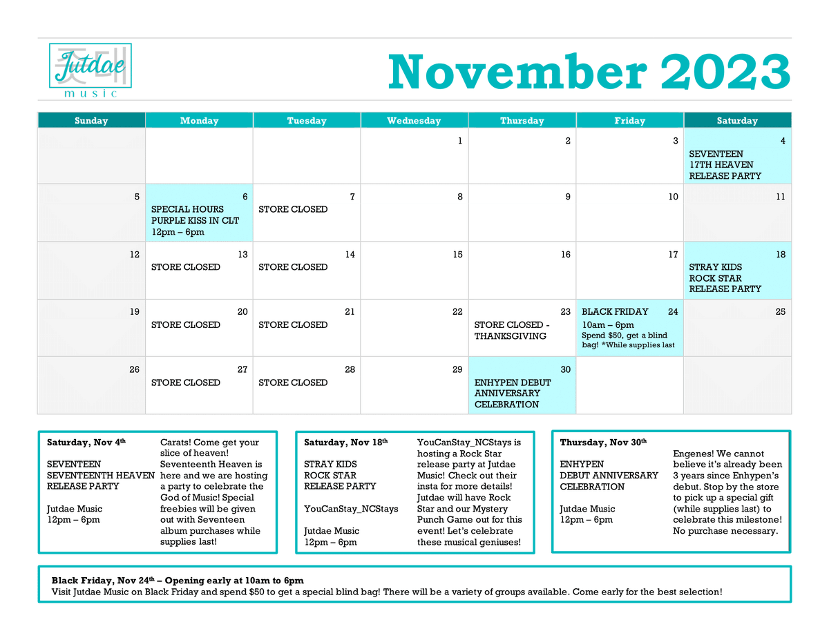 JutdaeMusic's tweet photo. 🍂 November Calendar 🍂
Check out https://t.co/bHBOcJg9Og for more details!
#jutdae #jutdaemusic #kpopclt #kpopcharlotte #charlottekpop #cltkpop #nckpop #kpopnc #kpopstore #kpopsmallbusiness #kpop #kpopalbum https://t.co/0T0l0gq4Ie
