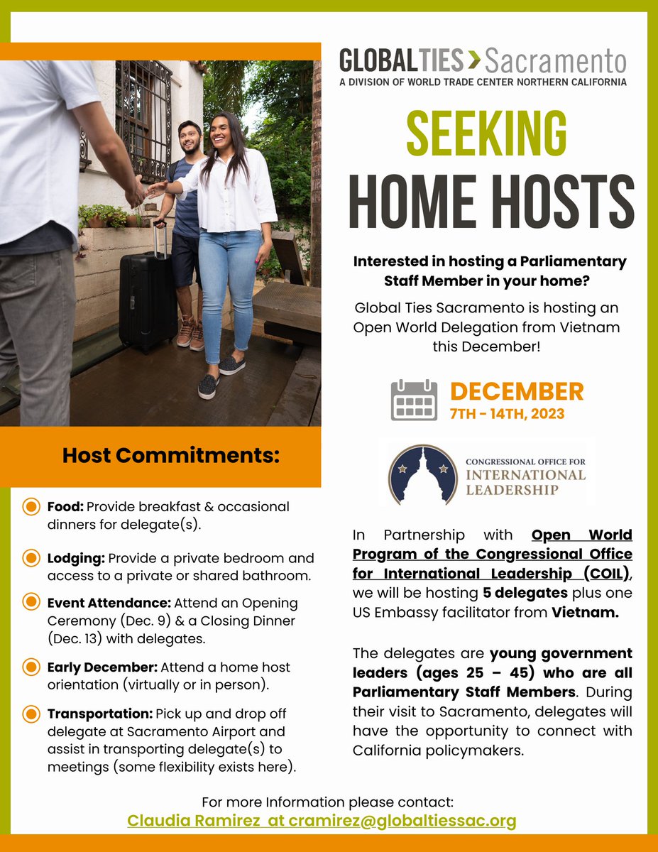 Interested in hosting a Parliamentary Staff Member in your home? Global Ties Sacramento is teaming up with the Congressional Office for International Leadership (COIL) to host emerging leaders from Vietnam. Please contact Claudia Ramirez at cramirez@globaltiessac.org