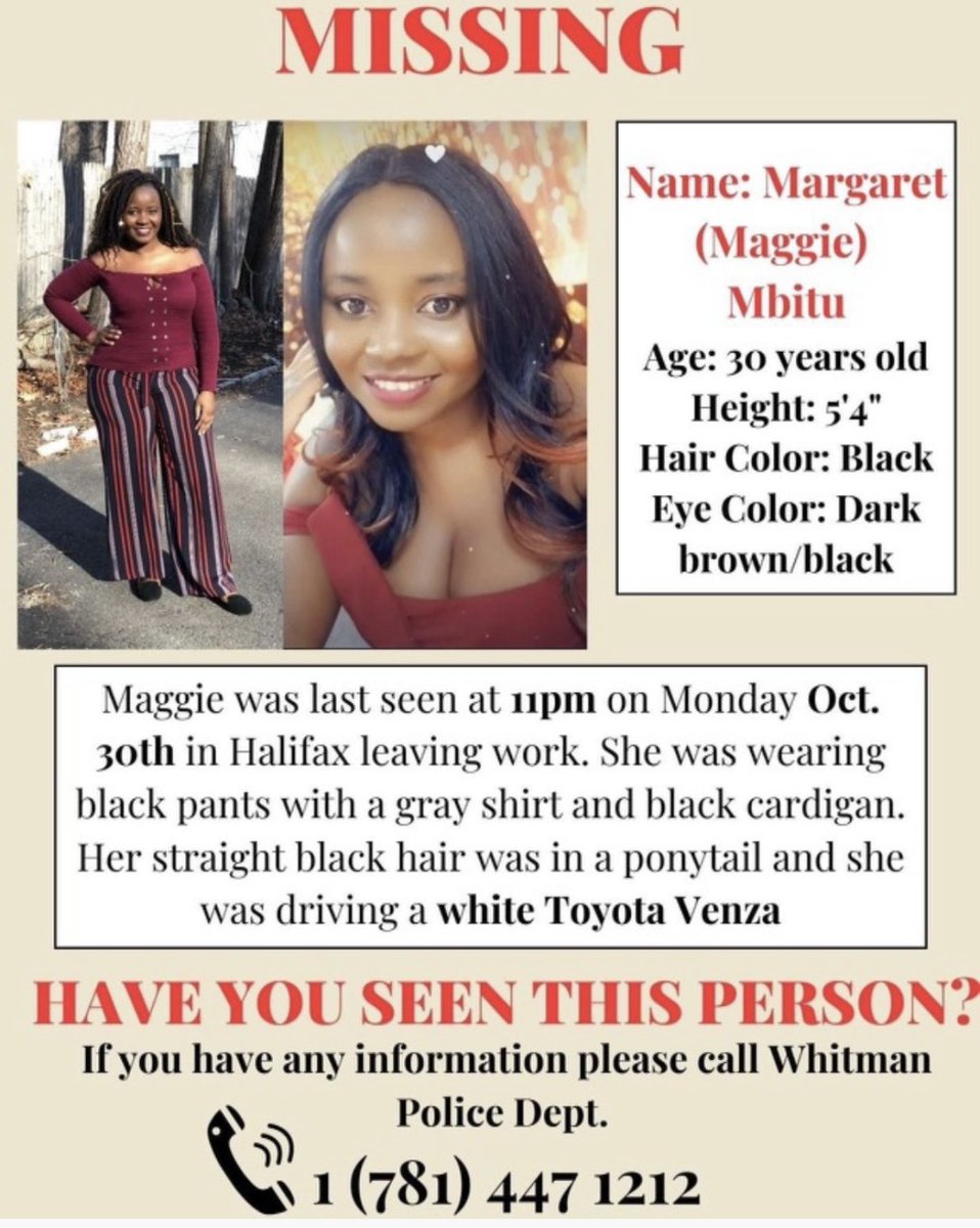 Wednesday, Margaret 'Maggie' Mbitu's co-workers posted this flyer on #Facebook -praying for her safe return. #WBZ #ITeam #Halifax #Whitman #Boston #LoganAirport