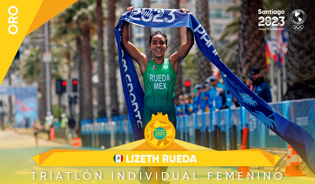 santiago2023's tweet photo. #DÍA13 🥇🇲🇽  ¡OTRO ORO PARA MÉXICO!

🏊🏻‍♀️🚴🏼‍♀️🏃🏽‍♀️ Lizeth Rueda se quedó con la prueba del Triatlón individual femenino en Viña del Mar.

😜 ¡Órale!  #Santiago2023 https://t.co/8zvnIhxht4