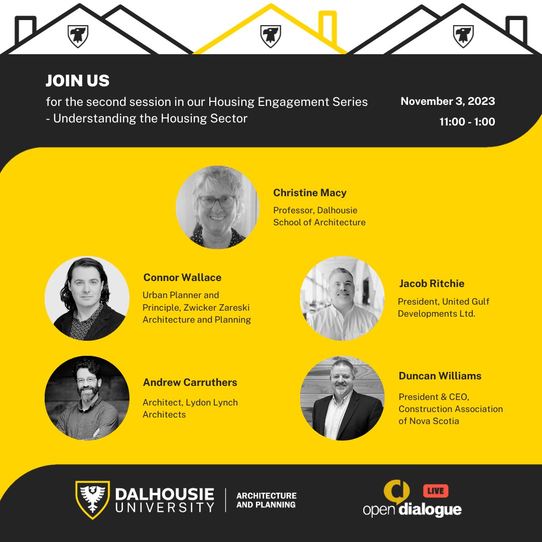 Join us for the 2nd session in our Housing Series featuring speakers Christine Macy, Connor Wallace, Andrew Carruthers, Jacob Ritchie, and Duncan Williams,. <a href="/DalhousieU/">Dalhousie University</a> #DalhousieU #DalOpenDialogue eventbrite.ca/e/housing-enga…