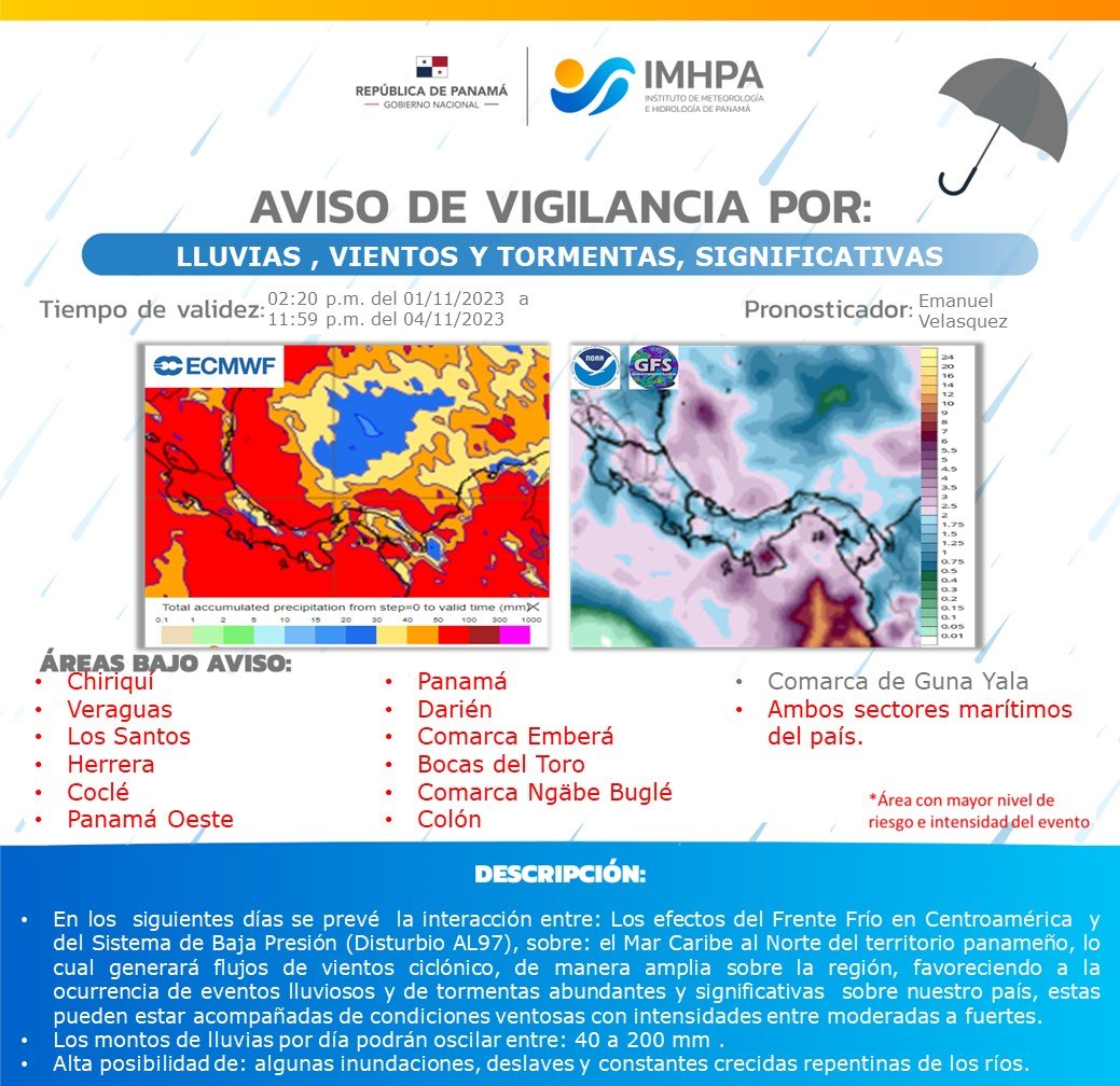 ⚠️Disturbio Tropical AL97 se desorganiza y  está con menos posibilidad de desarrollarse en Ciclón Tropical, continurá su flujo de viento ciclónico en la región aportandonos eventos lluviosos y de tormentas abundantes en Panamá hasta 4/11/23. IMHPA con nuevo Aviso de Vigilancia.⚠️