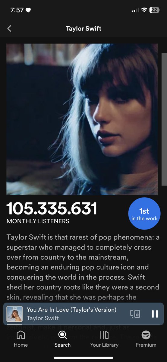 I was listening to 1989 (Taylor’s version) and then I saw this 🥹 Taylor is 1st in the world on Spotify!! I’m so proud of her she deserves this so much!!🤍 #TaylorSwift <a href="/Spotify/">Spotify</a> <a href="/taylornation13/">Taylor Nation</a> <a href="/taylorswift13/">Taylor Swift</a>