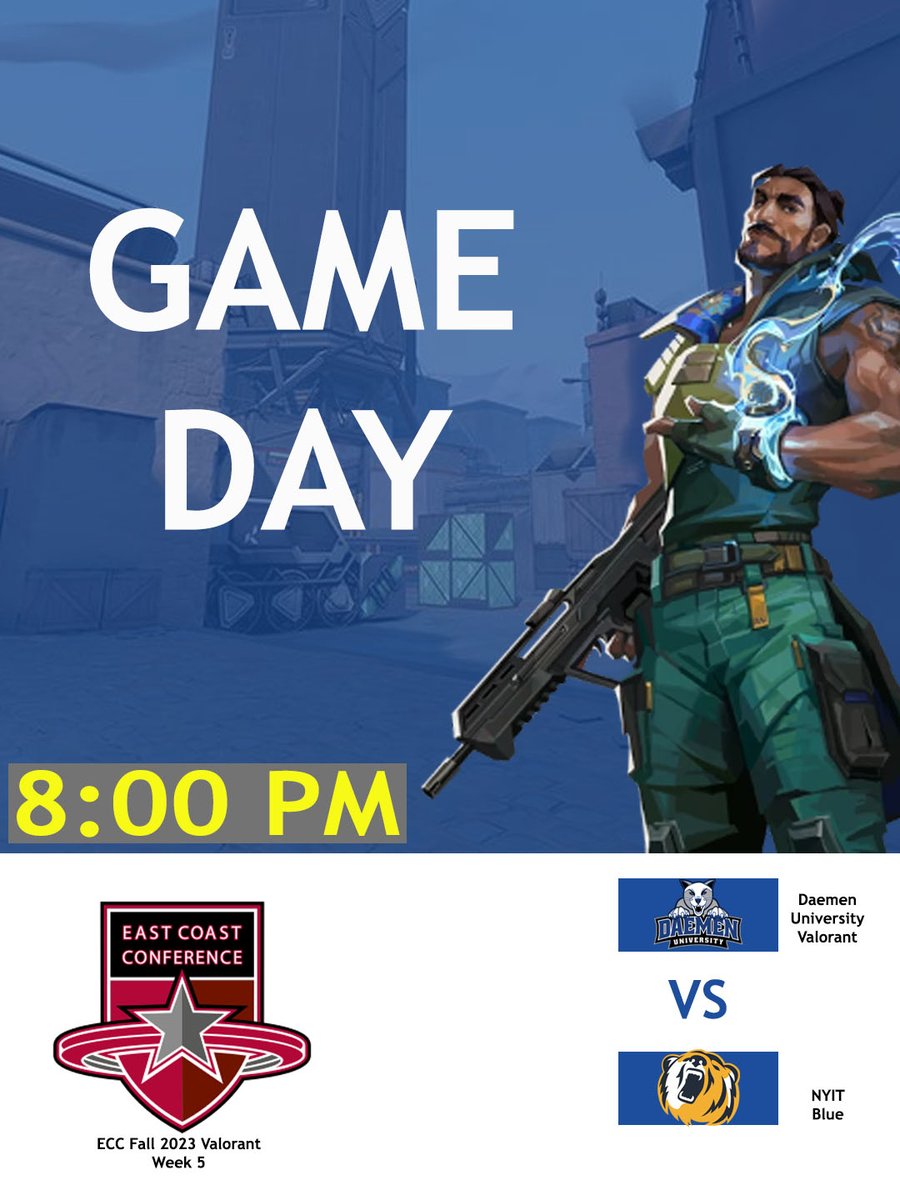 Daemen Esports (@daemenesports) on Twitter photo ECC Fall 2023 Valorant Week 5
🆚<a href="/NYIT_Esports/">New York Tech Cybears</a> Blue
⏰8PM EST
🖥️twitch.tv/daemenesports ECC Fall 2023 Valorant Week 5
🆚<a href="/NYIT_Esports/">New York Tech Cybears</a> Blue
⏰8PM EST
🖥️twitch.tv/daemenesports