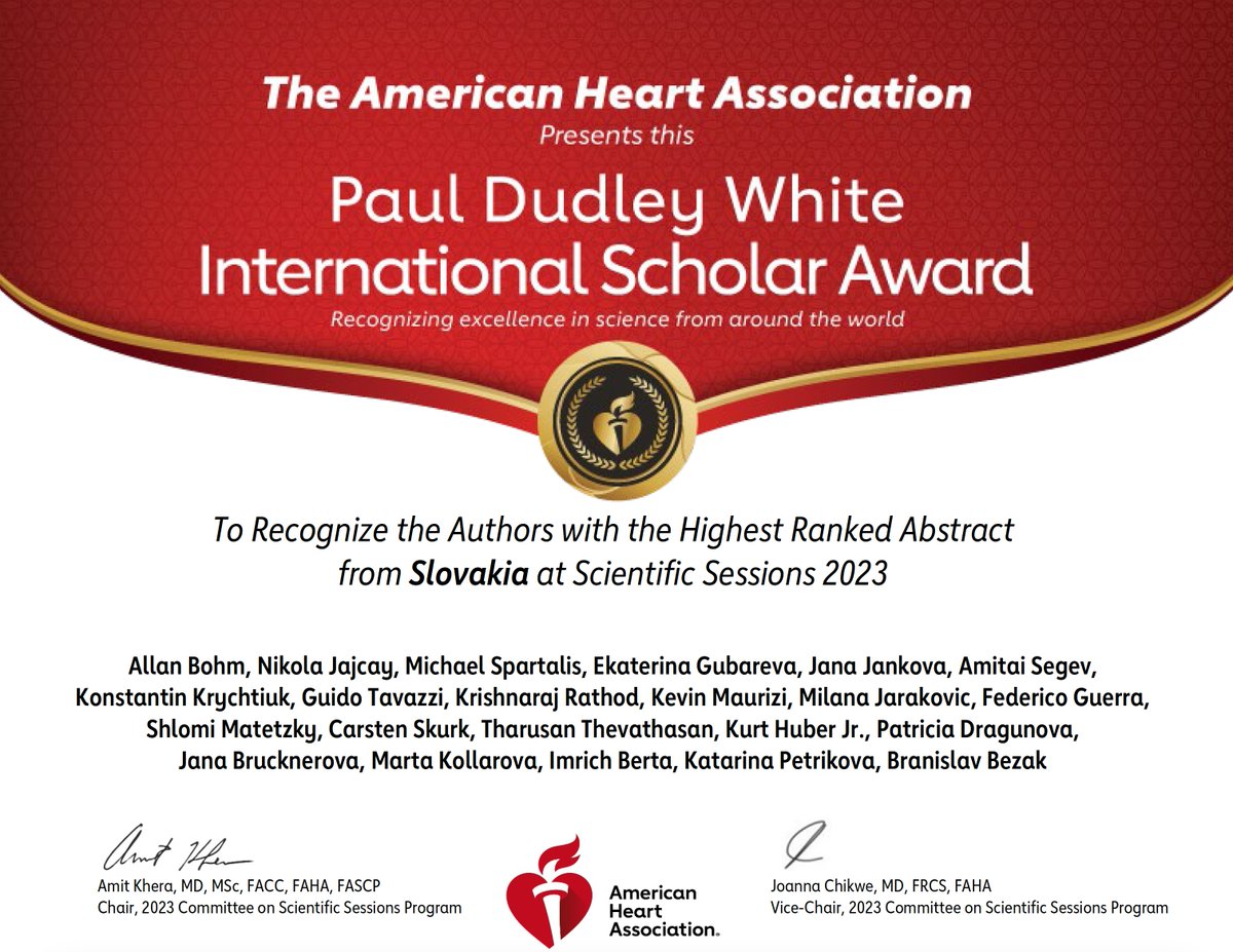Allan_Bohm's tweet photo. So honoured for our #stopshock team to receive the American Heart Association 2023 Paul Dudley White International Scholar Award for the highest ranked abstract from Slovakia!
Can't wait to present it at #AHA23 https://t.co/vF8fAwWrPO
@krychtiukmd @ACVCPresident @rafavidalperez https://t.co/vY8c1HPC83