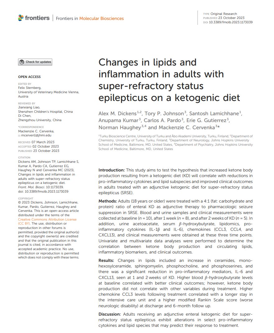 Adults in the Neuro ICU with super-refractory status epilepticus receiving an adjunctive enteral ketogenic diet exhibit alterations in pro-inflammatory cytokines that may predict their response to treatment.

tinyurl.com/4rtev6xh
