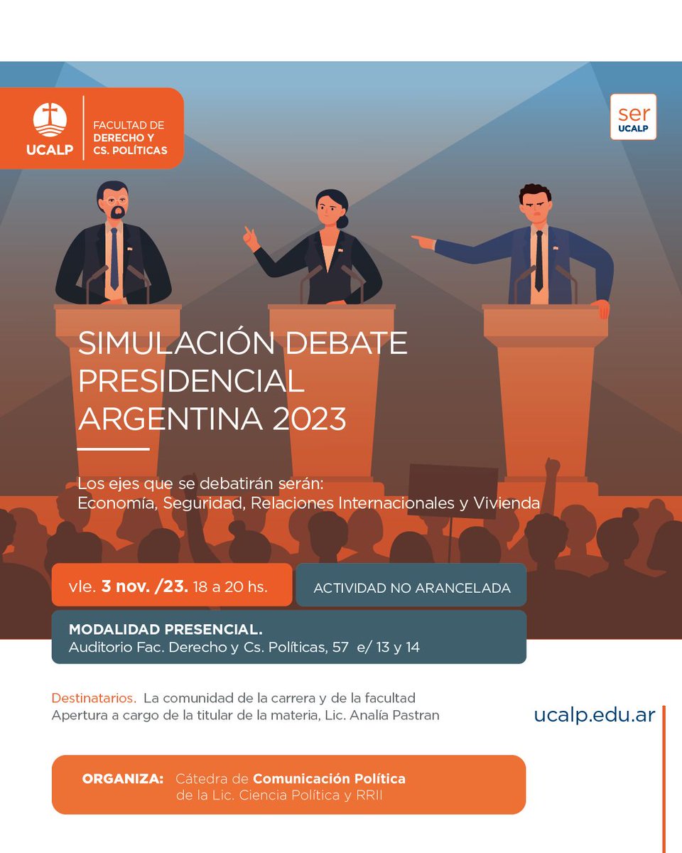 Actividad muy recomendable!!!Los invitamos a la Simulación del Debate Presidencial organizado por la cátedra de Comunicación Política de 4to año de <a href="/CPoliticaUCALP/">Cs Política y RRII</a> <a href="/ucalp/">UCALP</a> <a href="/AnaliaPastran/">Analia Pastran</a>