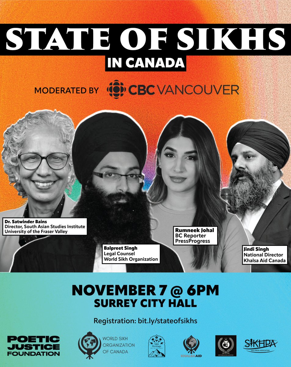 Meet our speakers for #StateOfSikhs in Canada, Nov 7 <a href="/CityofSurrey/">City of Surrey</a>.

Presented by <a href="/WorldSikhOrg/">WSO</a>, and moderated by @michelle_eliot of <a href="/CBCVancouver/">CBC Vancouver</a> 

Register: bit.ly/StateOfSikhs

1/🧵