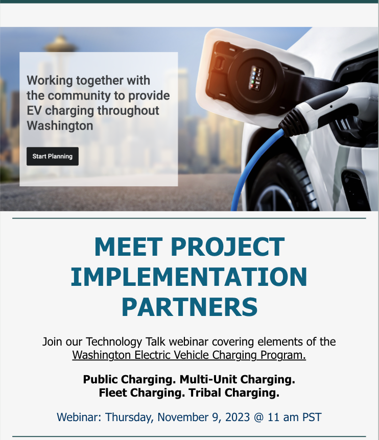 WWCleanCities's tweet image. Join our webinar next week on November 9th @ 11am pst 

Witness practical partnership examples in Multi-Unit Dwelling, Public Charging, and Fleet Charging projects. 

Connect with WWCC to help you prepare your application for the December 1, 2023 deadline.