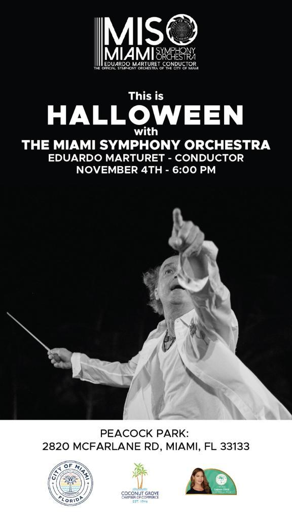 Get ready for a spooktacular night! Join us at Peacock Park on November 4th at 6:00 pm for a free Halloween concert with the Miami Symphony Orchestra. Don't miss it! 🎃🎶 #HalloweenConcert #cityofmiami <a href="/CommSabinaCovo/">Commissioner Sabina Covo</a>