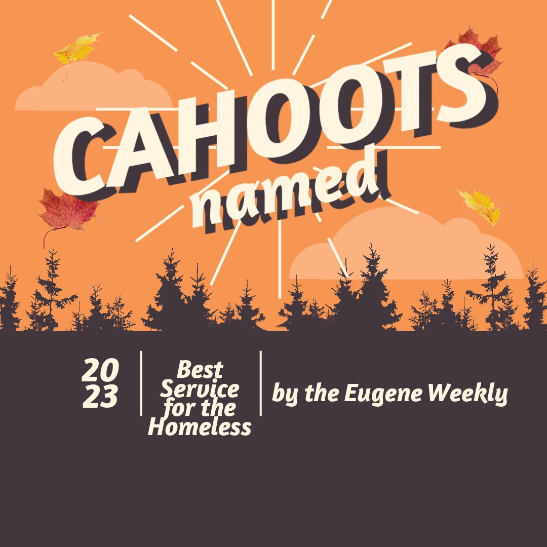 CAHOOTS is proud to announce we have been named the Best Service for the Homeless by <a href="/eugeneweekly/">Eugene Weekly</a> . This wouldn't be possible without all of our amazing staff, volunteers, donors, and partners (<a href="/ESFPIO/">Eugene Springfield Fire</a>).