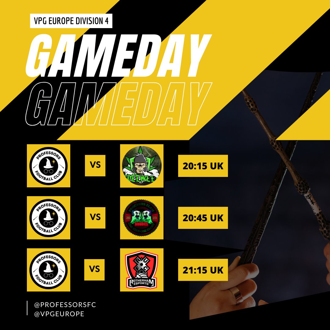 Professors FC (@professorsfc) on Twitter photo Its matchday for the Wizards! ⚽️
<a href="/ProfessorsFC/">Professors FC</a> vs <a href="/FreeWeedProClub/">Free Weed Fifa Pro Club</a> @ 20:15 UK
<a href="/ProfessorsFC/">Professors FC</a> vs Ghost Buddies @ 20:45 UK
<a href="/ProfessorsFC/">Professors FC</a> vs <a href="/RUFCEsports/">Rotherham United Esports</a> @ 21:15 UK
#upthewizards 🟡⚪️ Its matchday for the Wizards! ⚽️
<a href="/ProfessorsFC/">Professors FC</a> vs <a href="/FreeWeedProClub/">Free Weed Fifa Pro Club</a> @ 20:15 UK
<a href="/ProfessorsFC/">Professors FC</a> vs Ghost Buddies @ 20:45 UK
<a href="/ProfessorsFC/">Professors FC</a> vs <a href="/RUFCEsports/">Rotherham United Esports</a> @ 21:15 UK
#upthewizards 🟡⚪️