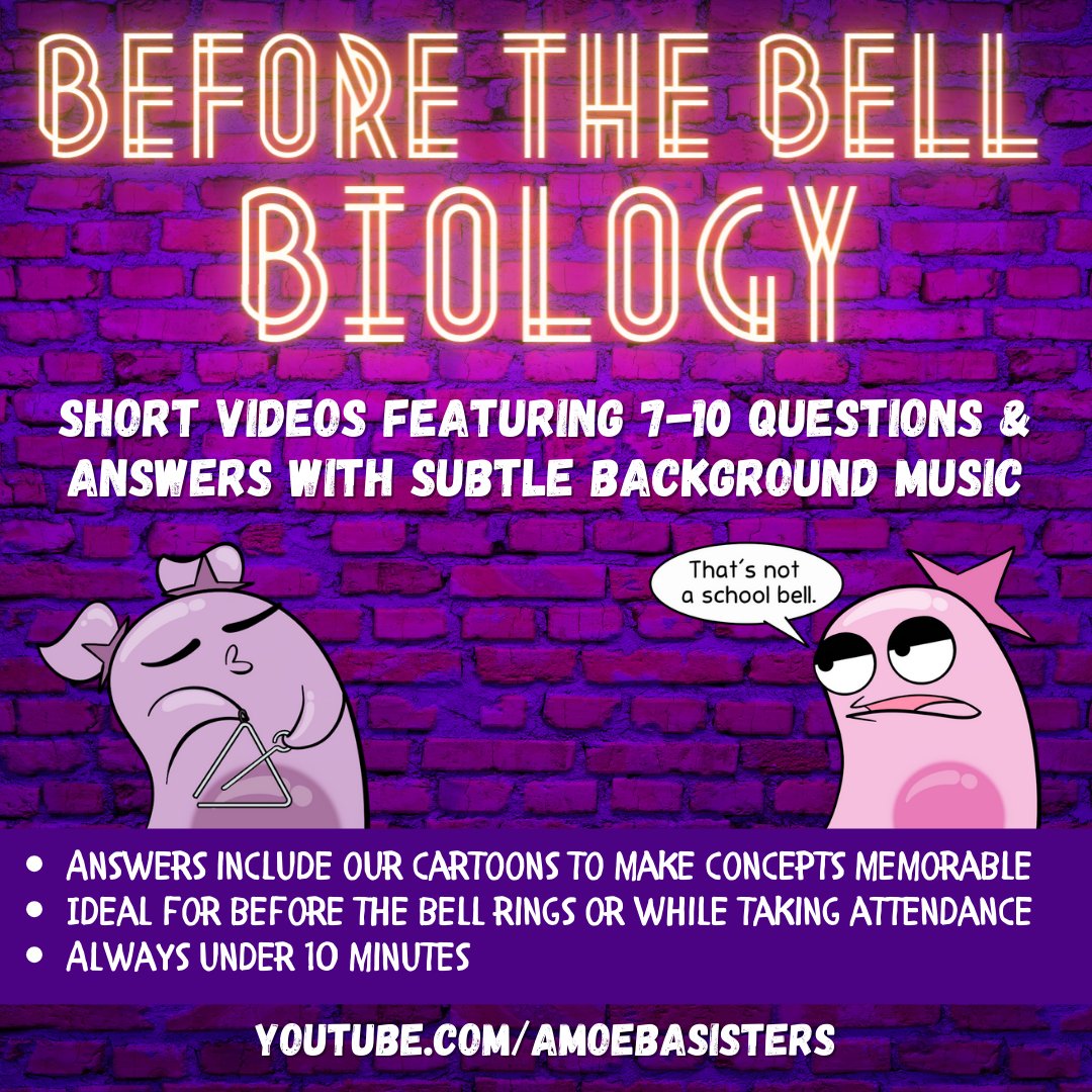 AmoebaSisters's tweet photo. Got some time before the bell? Just released our 1st Before the Bell Biology video 🎉 &amp; planning to make some more: <10 minutes, features #biology  🔬questions with answers (and #sciart  in the explanations)! 

Find it in our linktree (in profile)!

#teachers #education #edtech https://t.co/j6eIBLnPUf