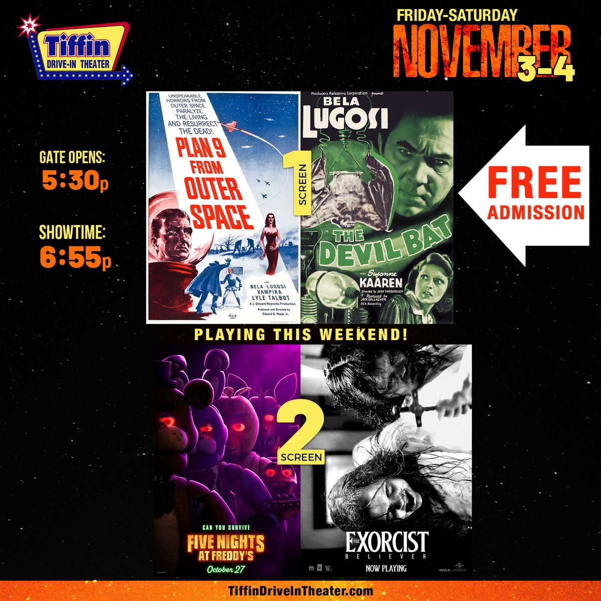 Final Weekend of 2023, November 3-4:

#Plan9fromOuterSpace w/ #TheDevilBat on screen 1;
<a href="/FNAFMovie/">Five Nights at Freddy's</a> w/ <a href="/TheExorcistBlvr/">The Exorcist: Believer</a> on screen 2.

Purchase tickets online for screen 2: TiffinDrive-InTheater.SimpleTix.com

#TiffinDriveIn #NowPlaying #FiveNightsatFreddys #FNAFMovie  #TheExorcistBeliever