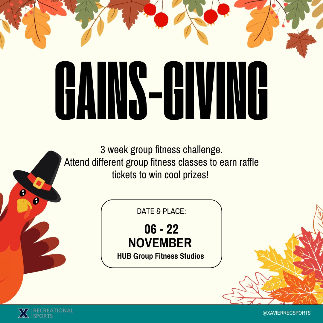 It's time for GAINS-GIVING!! From 11/6-11/22 attend group fitness classes to earn raffle tickets for cool prizes. Stay tuned for prize reveals next week! 🦃 💪
#lifeatxu #GainsGiving