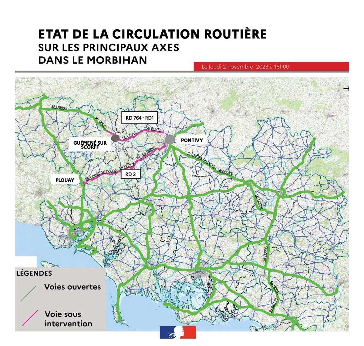 Prefet56's tweet photo. Tempête #Ciaran |
Bilan de la tempête Ciaran dans le #Morbihan et état de l’alimentation électrique et des principaux axes routiers dans le département. 
ℹ️https://t.co/QJgPG1QExJ https://t.co/DpqxW6WWgI
