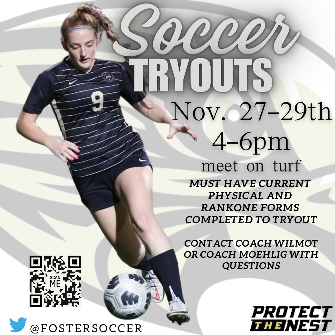 FosterSoccer's tweet photo. Come kick soccer balls with us and have lots of fun doing it! Tryouts are November 27th-29th from 4-6pm! Must have current physical and Rankone forms completed! Spread the word and bring a friend!! Scan the QR Code to tryout!!!💛⚽️🖤 #ptn https://t.co/WBb3whJ8Yt