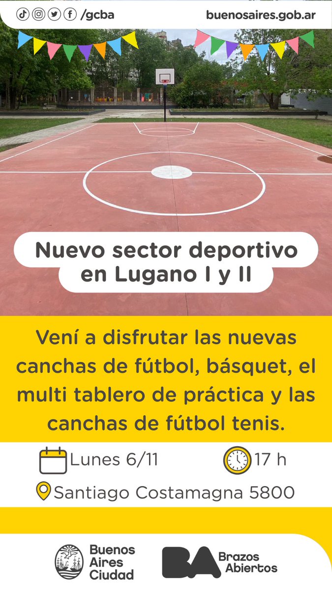 Vení este lunes a disfrutar del nuevo sector deportivo en Lugano I y II 🏐

Aprovechá para jugar en las nuevas canchas de:
⚽️ Fútbol.
🏀 Básquet.
🎾 Fútbol-Tenis.

Y el multi tablero de práctica 🙌

👉 Te esperamos a las 17 hs.

📍 Santiago Costamagna 5800, #Comuna8.