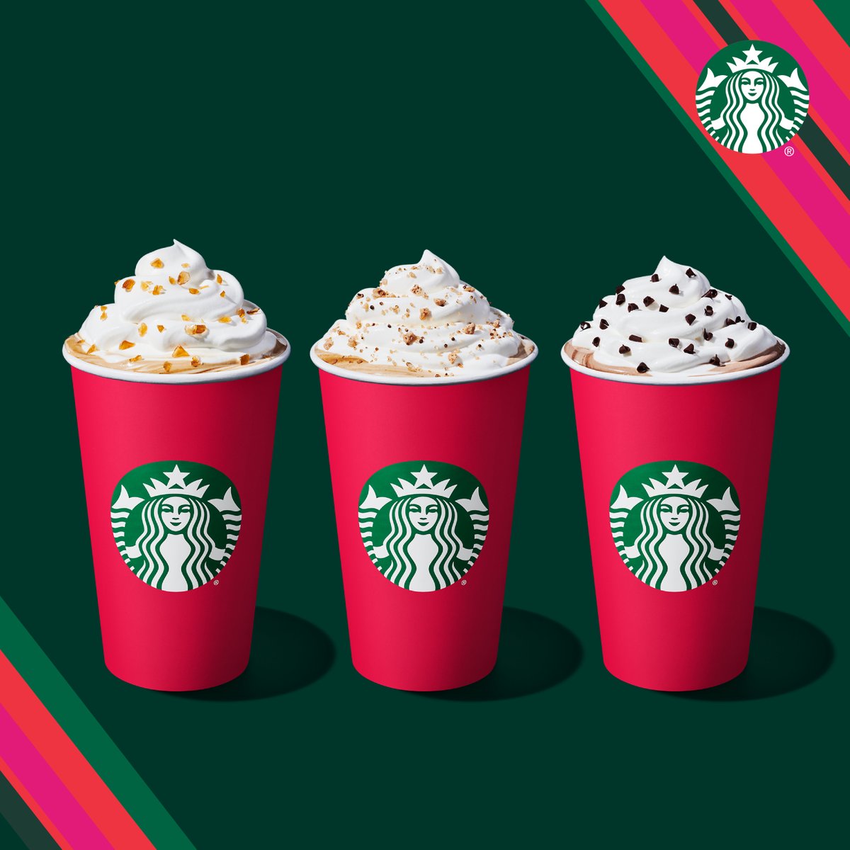 DrakeDining's tweet image. Your holi-yay faves are back. Celebrate with a Caramel Brûlée Latte, Chestnut Praline Latte, or Peppermint Mocha.
