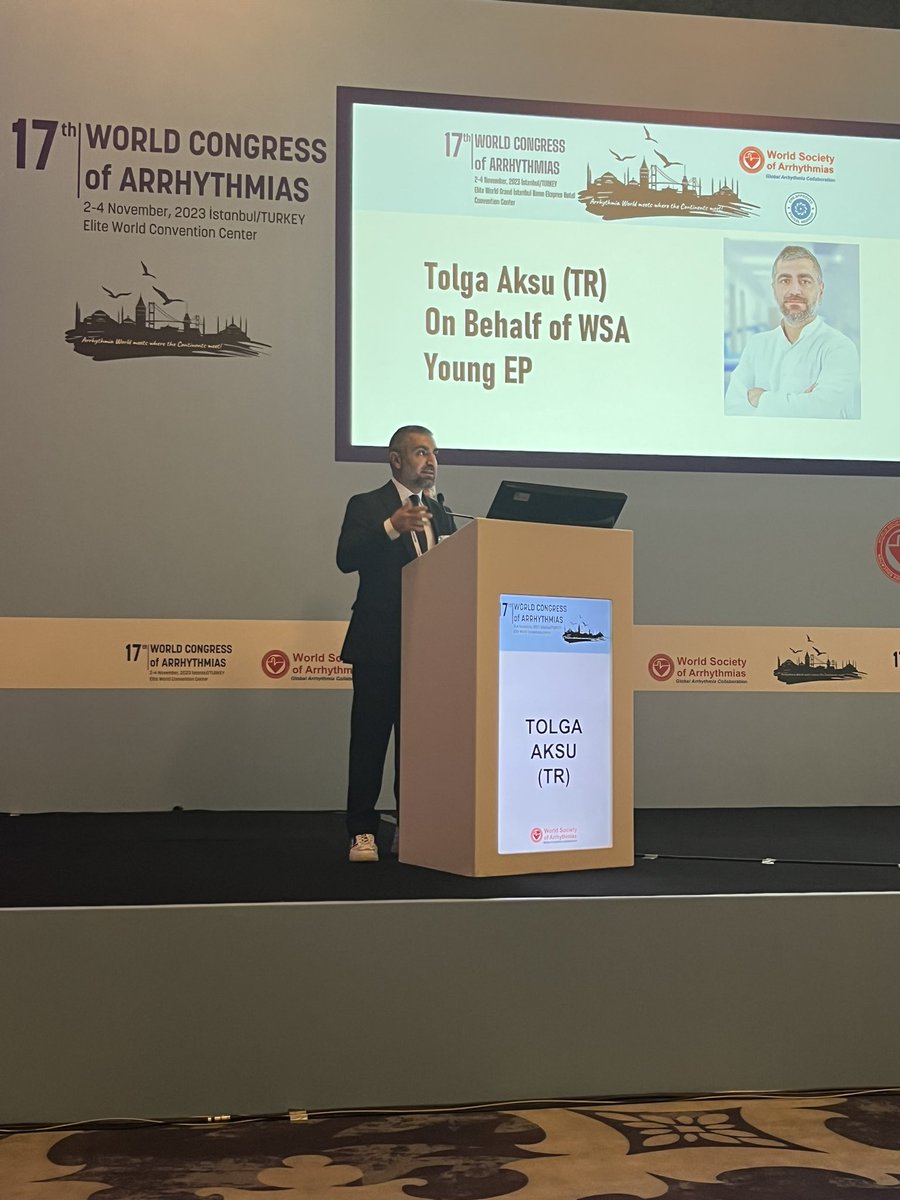 Prof. Tolga Aksu is giving his wellcome Speech on behalf of Young EP at WSA 2023 Congress @WArrhythmia @MDTolgaAksu