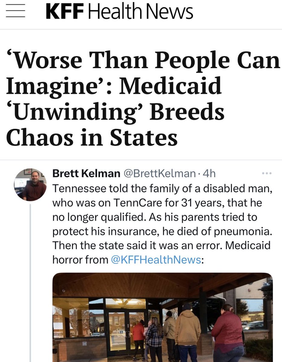 “WORSE THAN PEOPLE CAN IMAGINE” Millions losing Medicaid coverage in an “unwinding” —a Tennessee man with a disability got a termination letter “in error” as he died of pneumonia while his parents fought to keep his insurance. Cruelty. #ExpandMedicaid kffhealthnews.org/news/article/m…